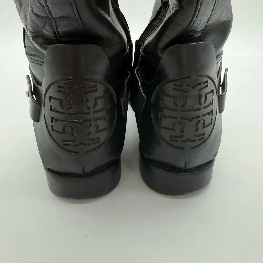 Tory Burch Colton Leather Equestrian Riding Knee High Zip Up Boots Black Size 8